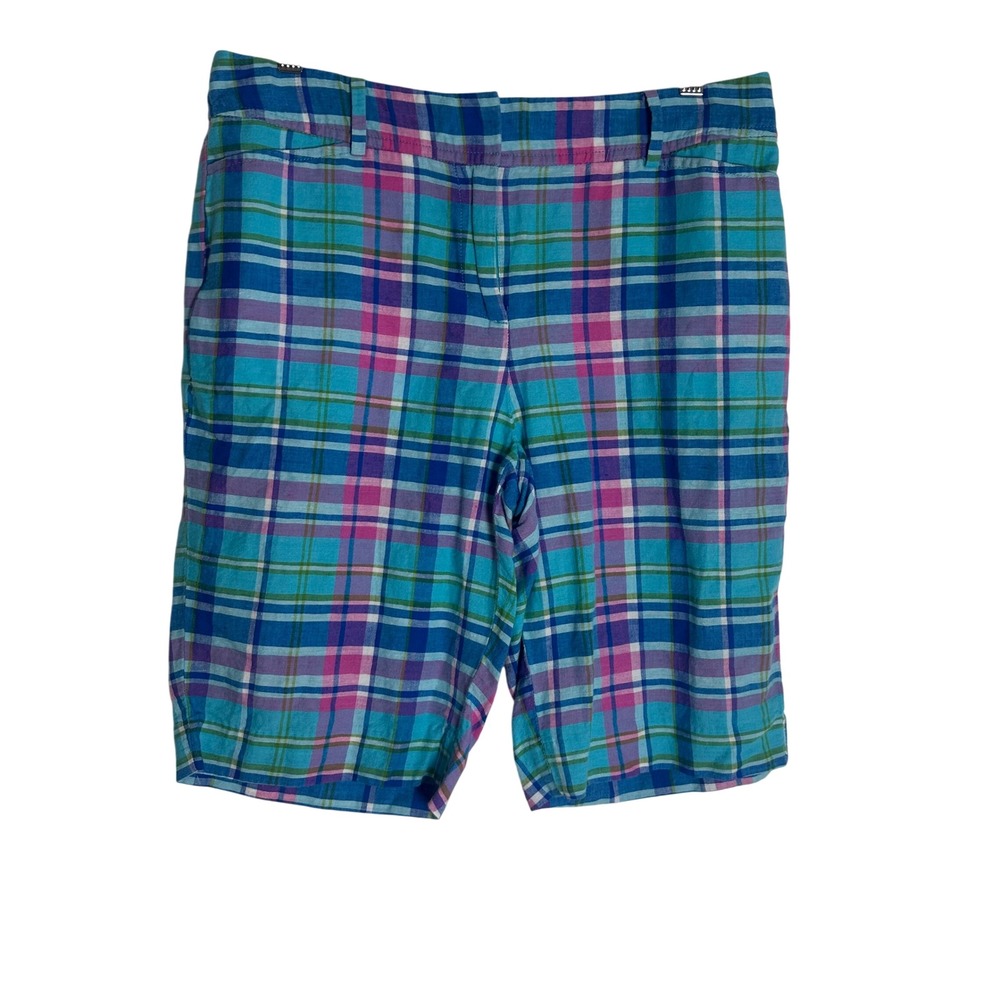 Talbots Perfect Short Womens 4 Blue Pink Plaid Linen Cotton Blend